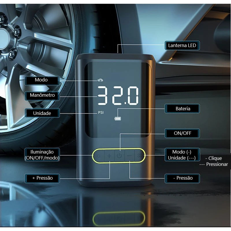 SUPERMini - Compressor de Ar Portátil e Recarregável - Pneu de Carro, Bicicleta, Bolas, Boias e Muito Mais - Encher e Calibrar